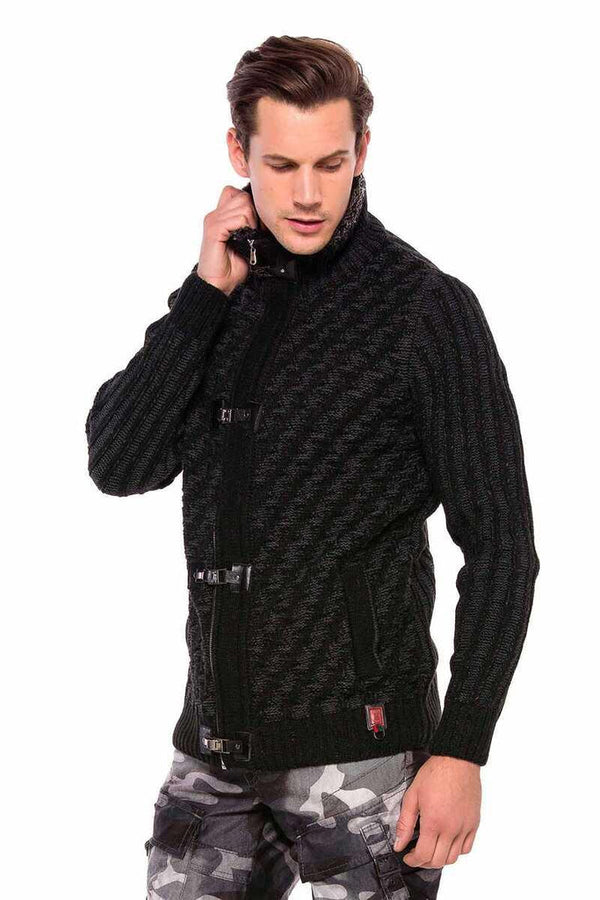 Cipo & Baxx CP213 Fur Collar Zippered Thick Wool Slim Fit Sweater GREY