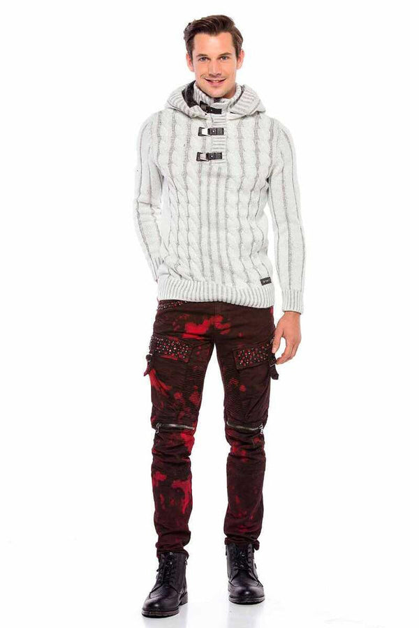 Cipo & Baxx CP214 Plush Hooded Collar Knitted Pattern Thick Sweater BLACK