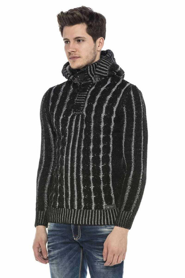 Cipo & Baxx CP214 Plush Hooded Collar Knitted Pattern Thick Sweater BLACK
