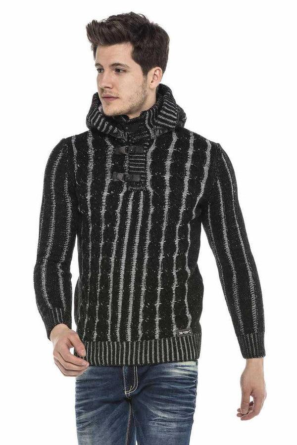Cipo & Baxx CP214 Plush Hooded Collar Knitted Pattern Thick Sweater BLACK