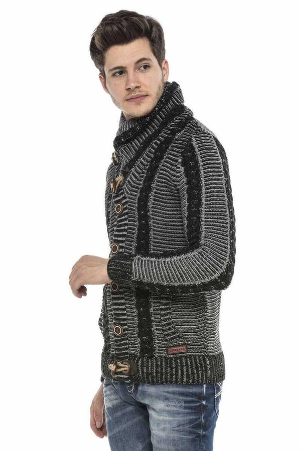 Cipo & Baxx CP215 Lock Button Thick Stand Collar Knitted Wool Men's Cardigan BLACK-GREY