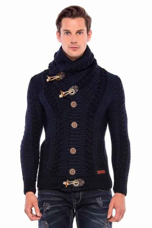 Cipo & Baxx CP215 Lock Button Thick Stand Collar Knitted Wool Men's Cardigan BLACK-GREY