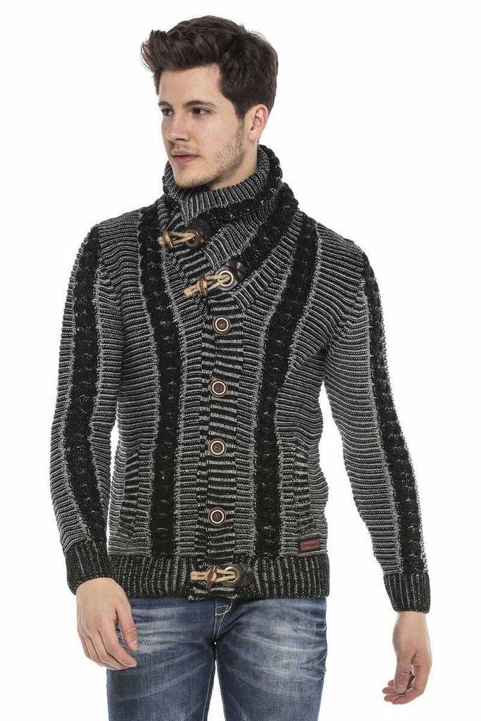 cipo & baxx CP215 Lock Button Thick Stand Collar Knitted Wool Men's Cardigan BLACK-GREY