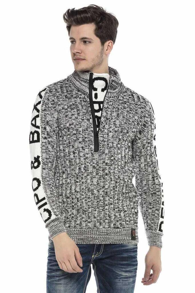 cipo & baxx CP216 Half Zipper Collar Textured Sweater BURGUNDY-ECRU