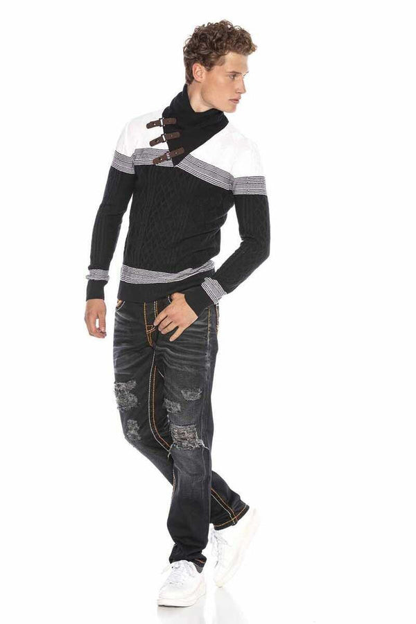 Cipo & Baxx CP226 Detailed Shawl Collar Patterned Slim Fit Men's Sweater INDIGO