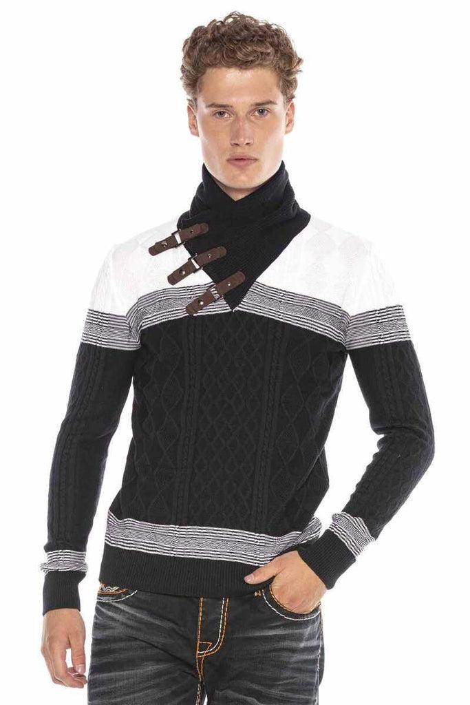 cipo & baxx CP226 Detailed Shawl Collar Patterned Slim Fit Men's Sweater INDIGO