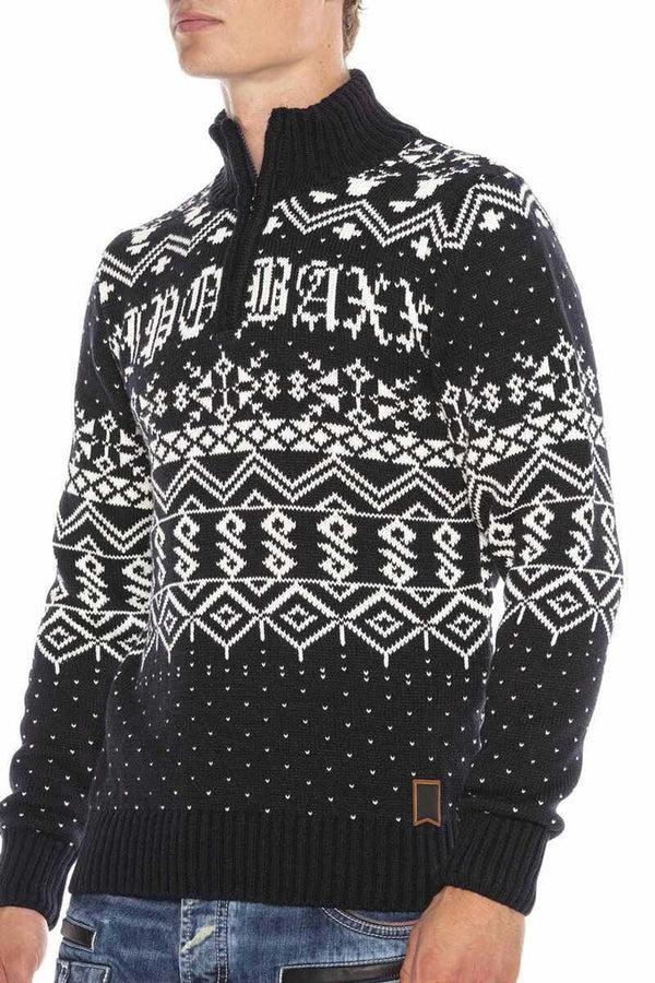 Cipo & Baxx CP233 High Collar Zippered Patterned Thick Sweater DARKBLUE