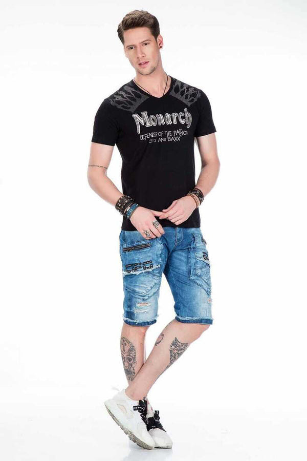 Cipo & Baxx CT377 Stone Embroidered Foil Printed Men's T-Shirt BLACK