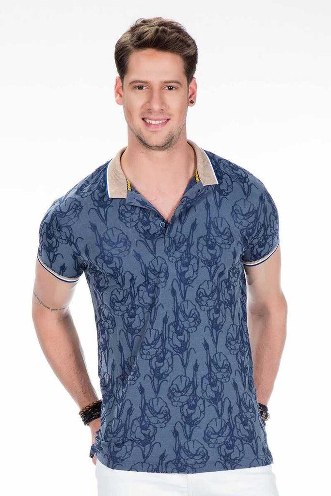 cipo & baxx CT451 Polo Neck Floral Patterned Men's T-Shirt NAVYBLUE