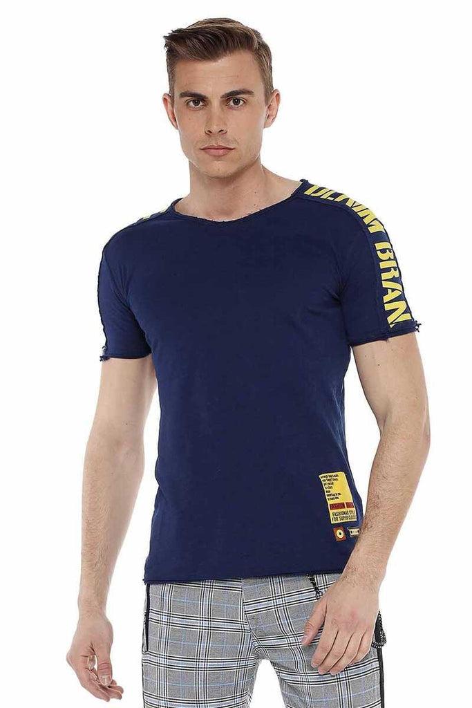 cipo & baxx CT524 Printed Cut Collar Slim Fit Men's T-Shirt NAVYBLUE