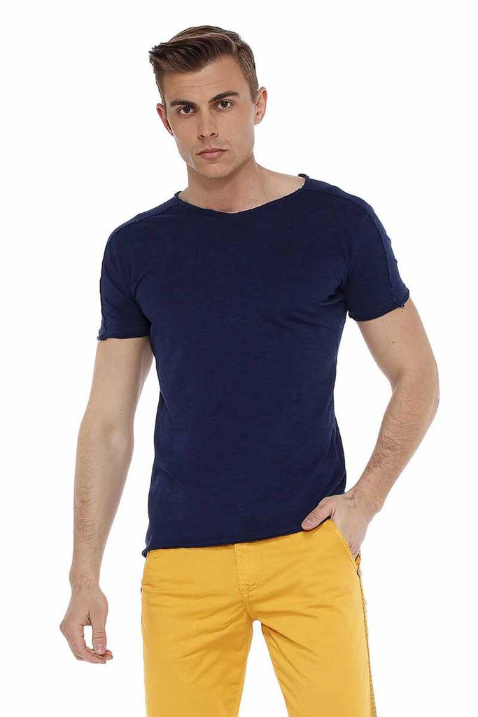 cipo & baxx CT525 Ripped Detailed Slim Fit Basic Men's T-Shirt NAVYBLUE