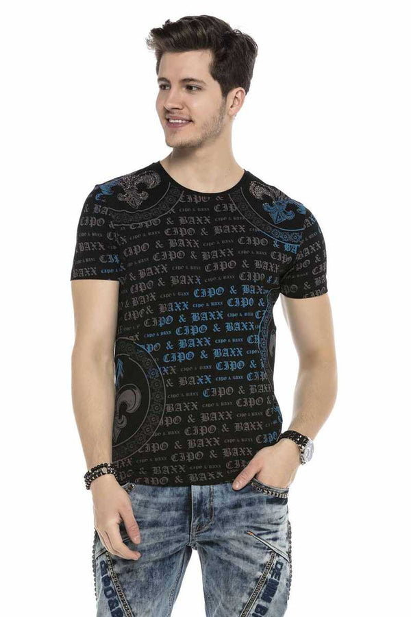 Cipo & Baxx CT554 Text Patterned T-Shirt With Stones On Shoulders BLACK
