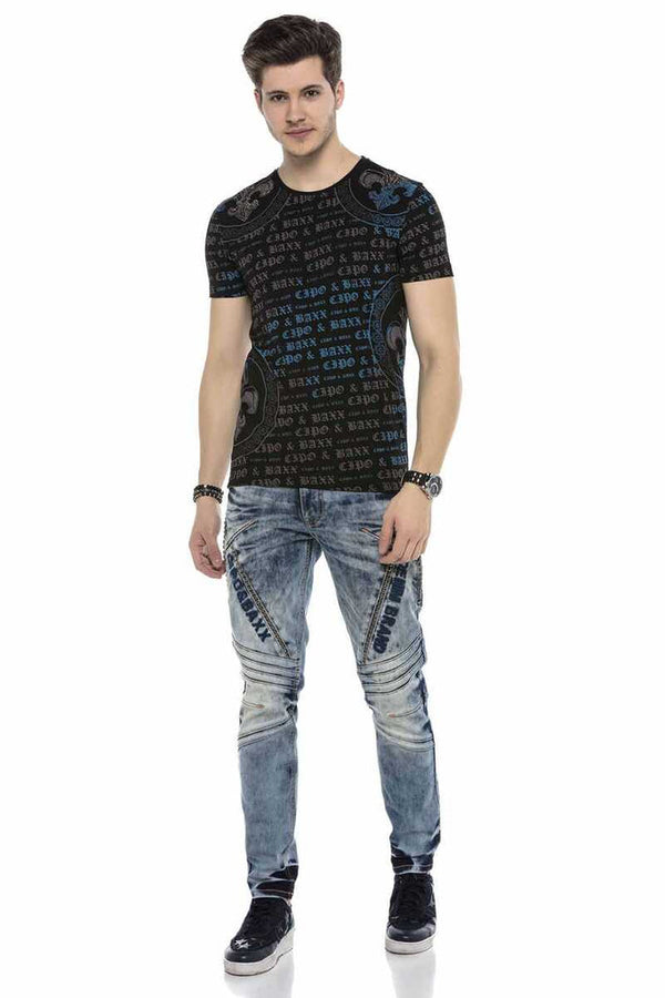 Cipo & Baxx CT554 Text Patterned T-Shirt With Stones On Shoulders BLACK