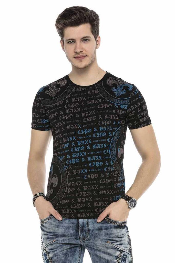 cipo & baxx CT554 Text Patterned T-Shirt with Stones on Shoulders BLACK