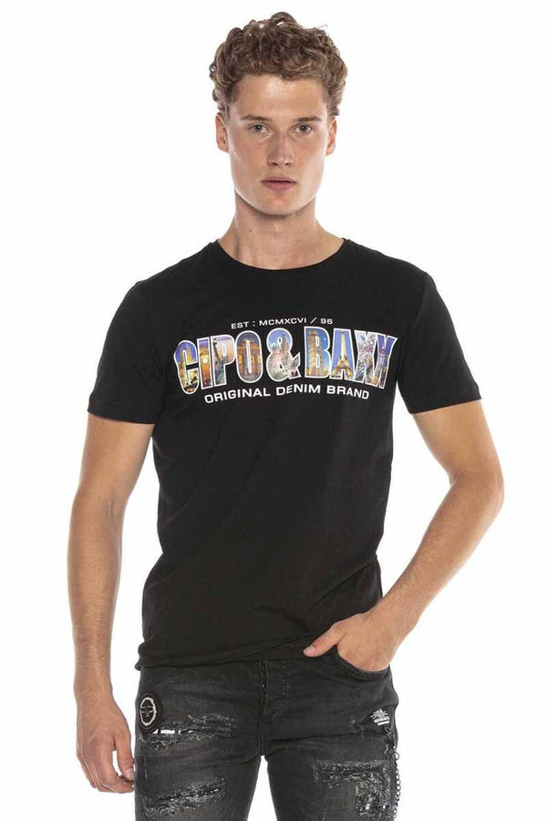 Cipo & Baxx CT600 Printed Crew Neck Slim Fit T-Shirt BLACK