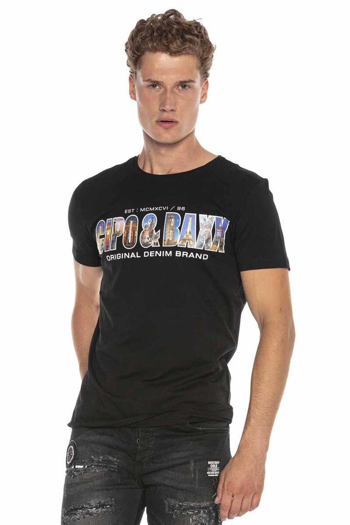 cipo & baxx CT600 Printed Crew Neck Slim Fit T-Shirt BLACK