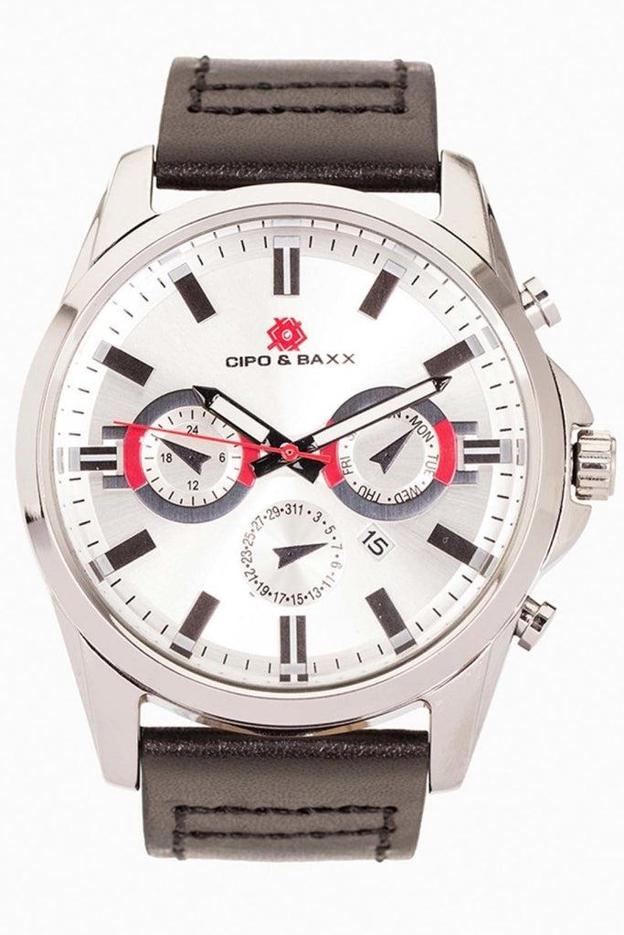 cipo & baxx CZ108 Silver Color Steel Men's Watch with Leather Strap BLACK-SILVER