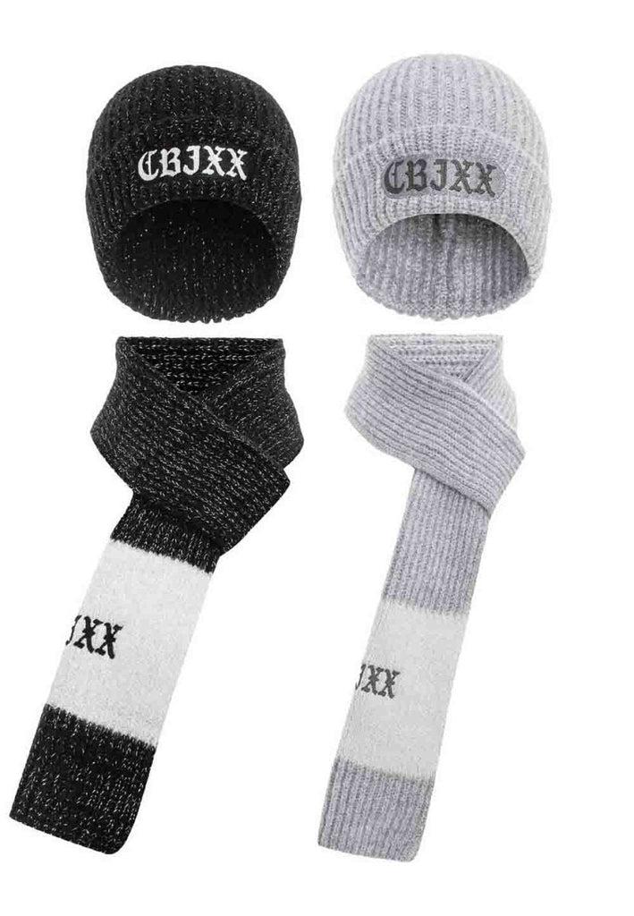 cipo & baxx WA121 Knitted Double Scarf and Beret Set BLACK-GREY