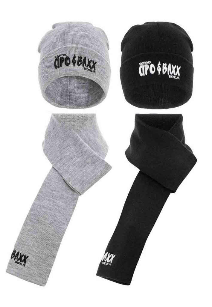 cipo & baxx WA123 Double Scarf and Beret Set BLACK-GREY