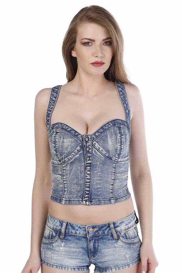 Cipo & Baxx WB101 Heart Collar Strap Women's Denim Bustier BLUE