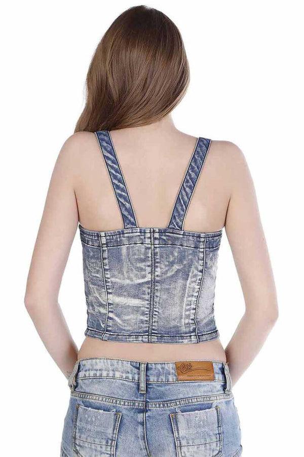 Cipo & Baxx WB101 Heart Collar Strap Women's Denim Bustier BLUE