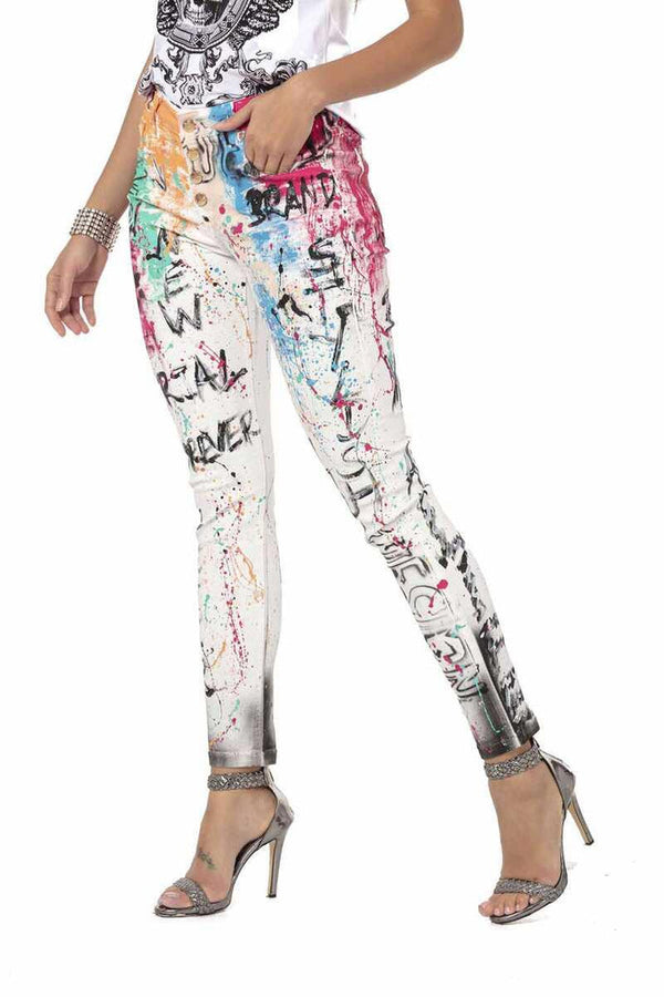 Cipo & Baxx WD472 White Hand Painted Patterned Women's Jean WHITE