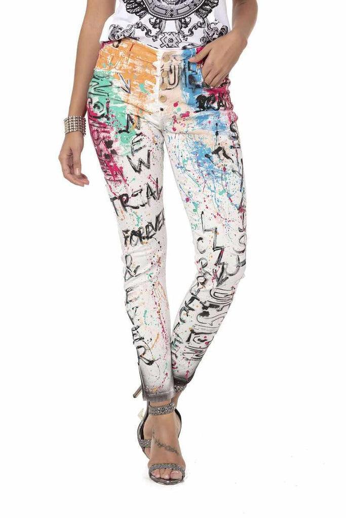 cipo & baxx WD472 White Hand Painted Patterned Women's Jean WHITE