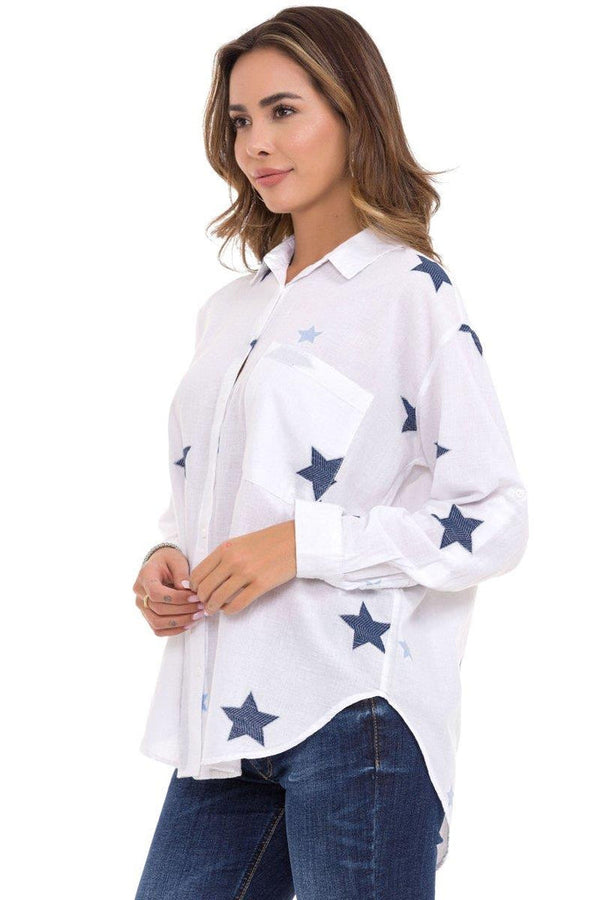 Cipo & Baxx WH127 Star Detailed Oversized Linen Shirt WHITE