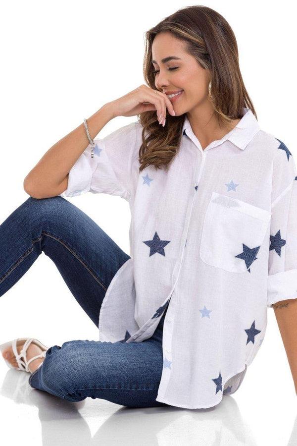 Cipo & Baxx WH127 Star Detailed Oversized Linen Shirt WHITE