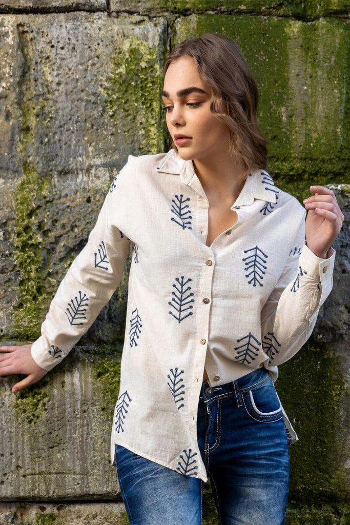 cipo & baxx WH129 Embroidery Detailed Linen Women's Shirt STONE