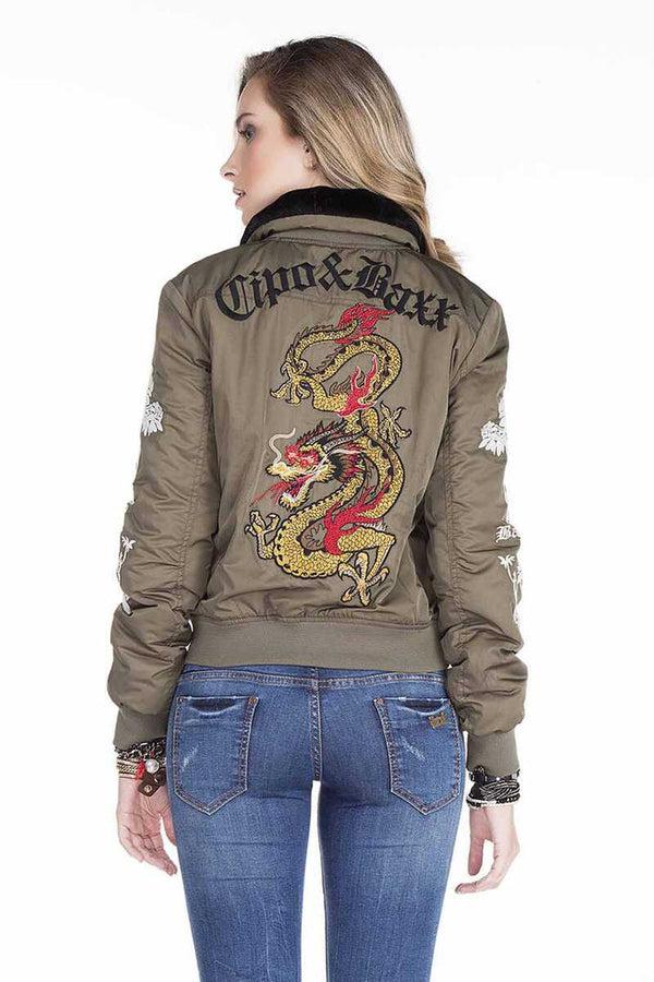 Cipo & Baxx WJ137 Dragon Skull Embroidered Fur Collar Women's Coat KHAKI