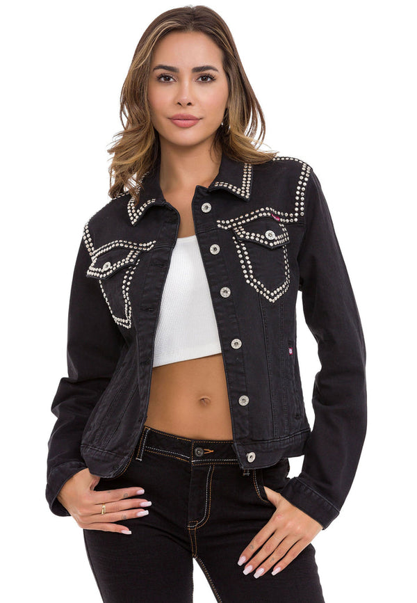 Cipo & Baxx WJ213 Women's Silver Embroidered Denim Jacket BLACK