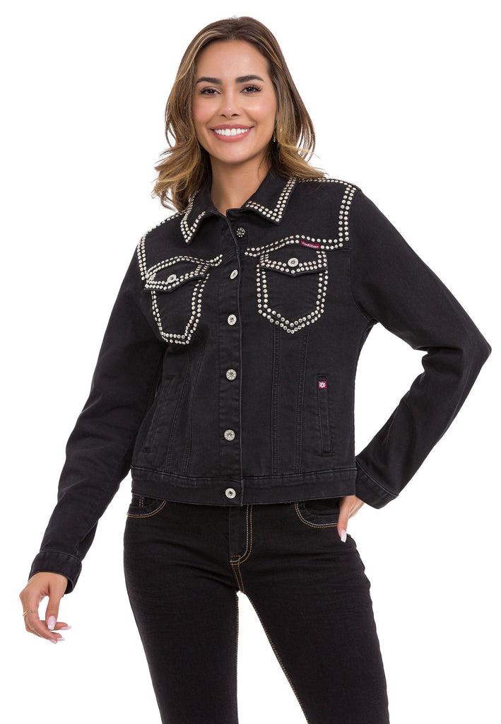 cipo & baxx WJ213 Women's Silver Embroidered Denim Jacket BLACK