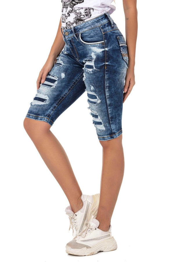 Cipo & Baxx WK181 Patched Ripped Long Denim Shorts BLUE