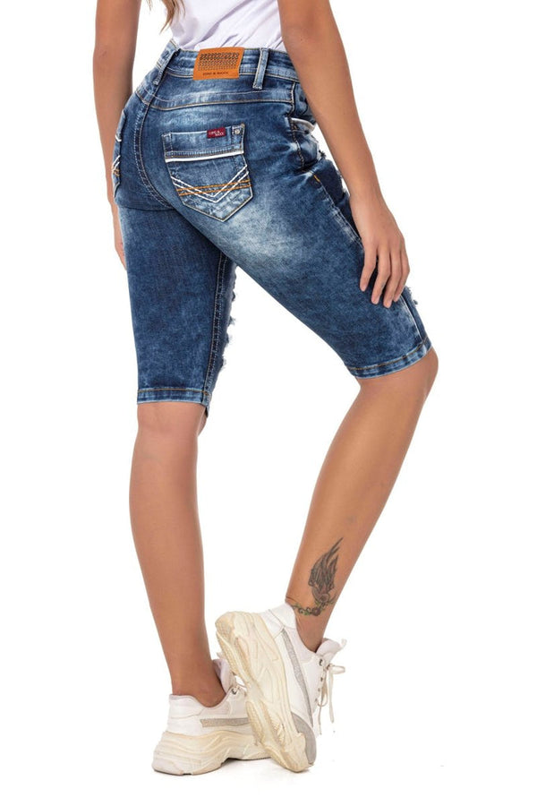 Cipo & Baxx WK181 Patched Ripped Long Denim Shorts BLUE