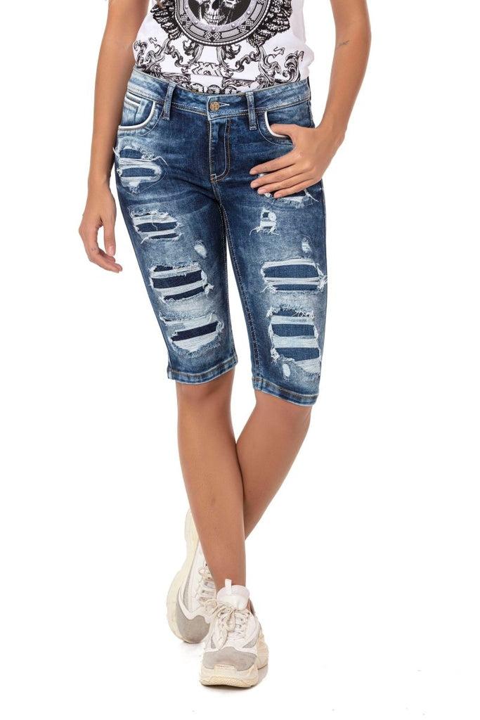 cipo & baxx WK181 Patched Ripped Long Denim Shorts BLUE