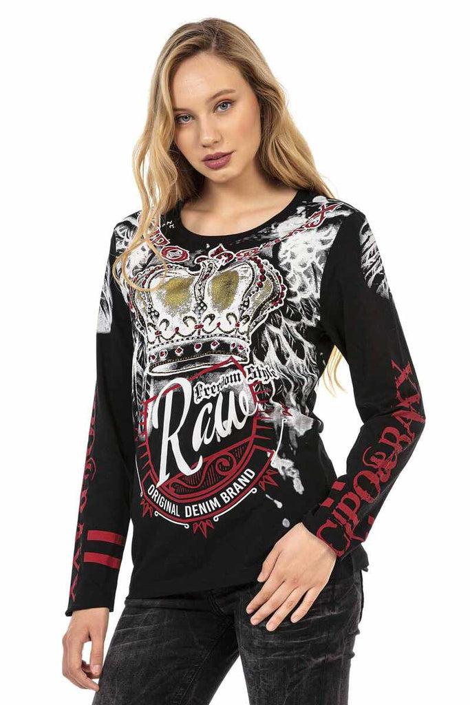 cipo & baxx WL284 Women's Printed Long Sleeve T-Shirt BLACK