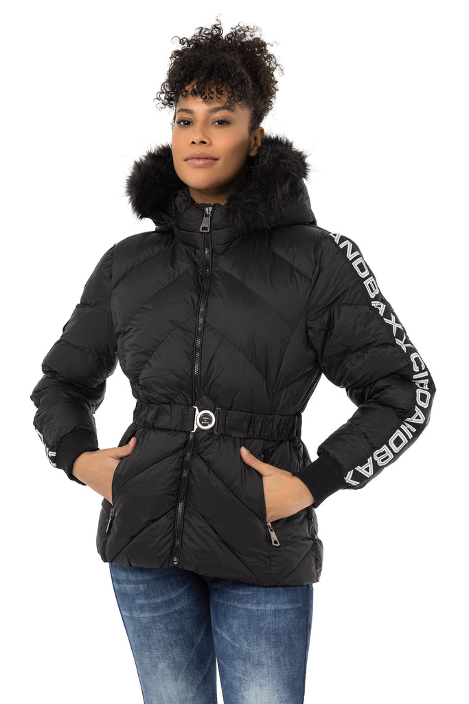 cipo & baxx WM133 Women's Puffer Coat with Text Stripes BLACK