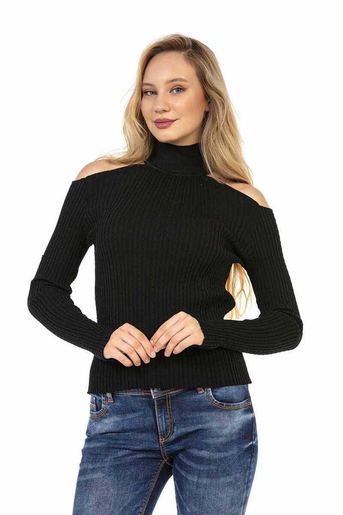 cipo & baxx WP205 Women's Striped Turtleneck Sweater BLACK