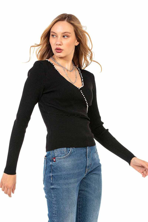Cipo & Baxx WP207 Beaded V-Neck Women's Knitwear BLACK