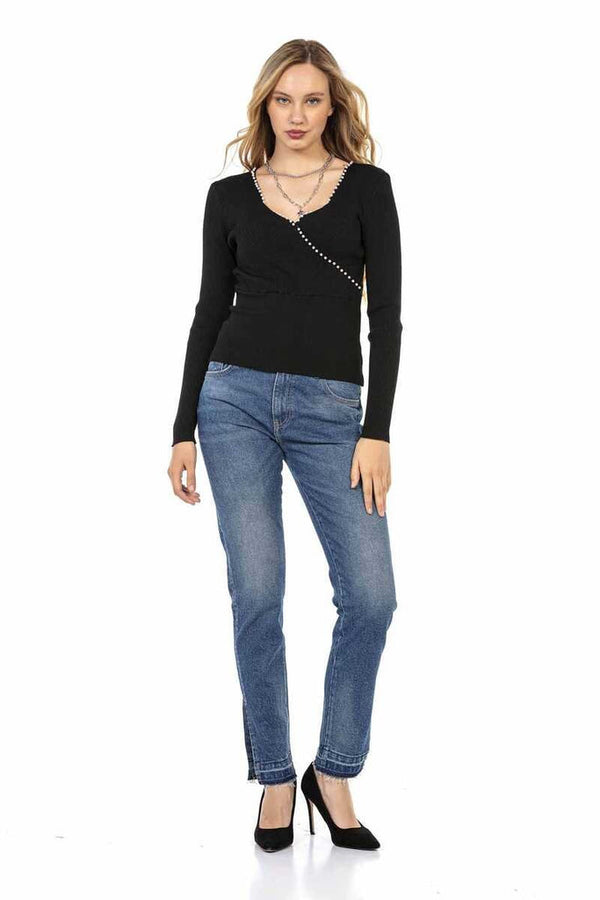 Cipo & Baxx WP207 Beaded V-Neck Women's Knitwear BLACK