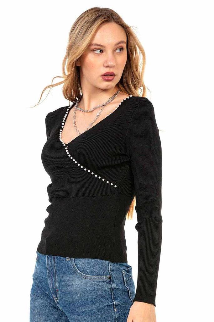 cipo & baxx WP207 Beaded V-Neck Women's Knitwear BLACK