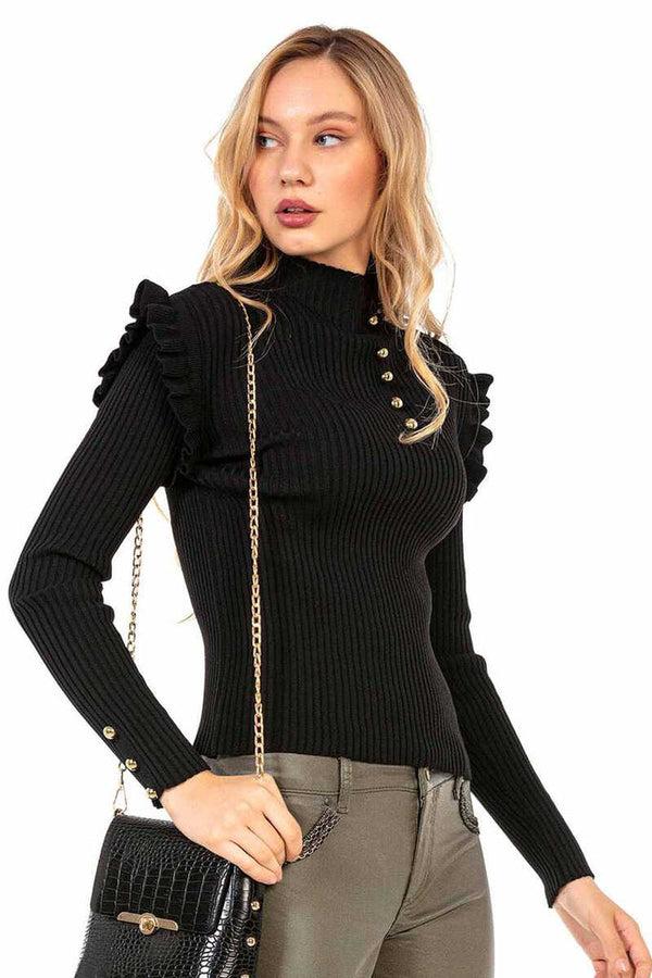 Cipo & Baxx WP209 Buttoned Turtleneck Women's Sweater BLACK