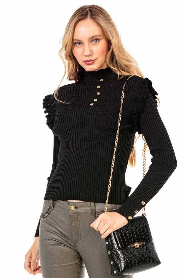 Cipo & Baxx WP209 Buttoned Turtleneck Women's Sweater BLACK