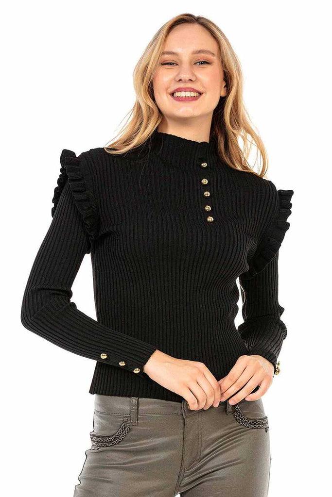 cipo & baxx WP209 Buttoned Turtleneck Women's Sweater BLACK