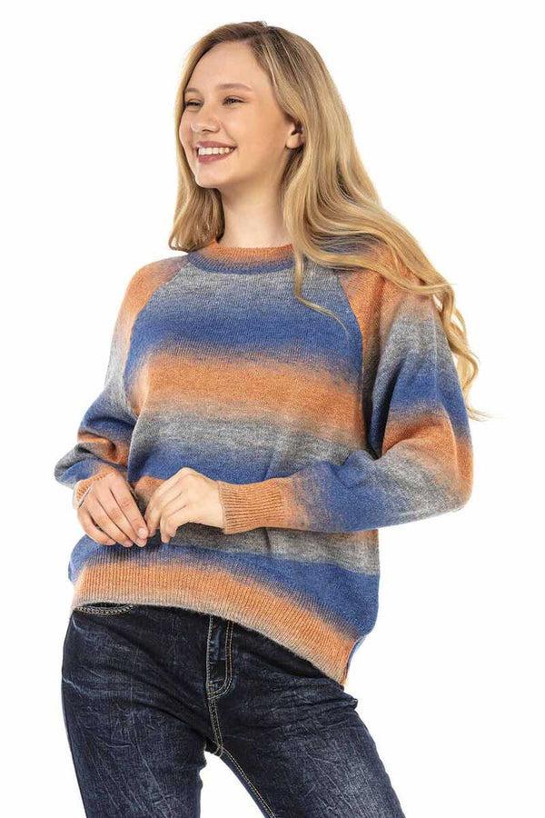 Cipo & Baxx WP211 Crew Neck Colorful Women's Sweater BLUE-ORANGE