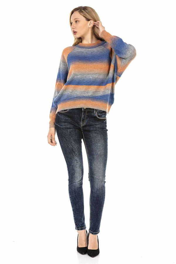 Cipo & Baxx WP211 Crew Neck Colorful Women's Sweater BLUE-ORANGE
