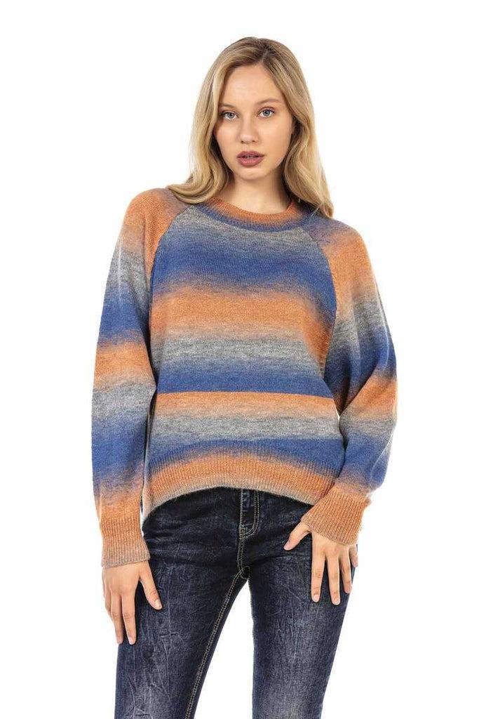 cipo & baxx WP211 Crew Neck Colorful Women's Sweater BLUE-ORANGE
