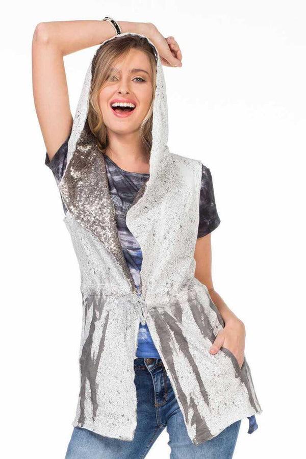 Cipo & Baxx WW111 Women's Gray Hooded Sequined Vest ANTHRACITE