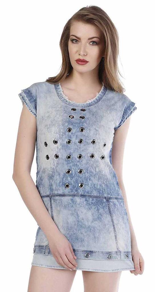 Cipo & Baxx WY108 Perforated Metal Detailed Denim Mini Dress BLUE